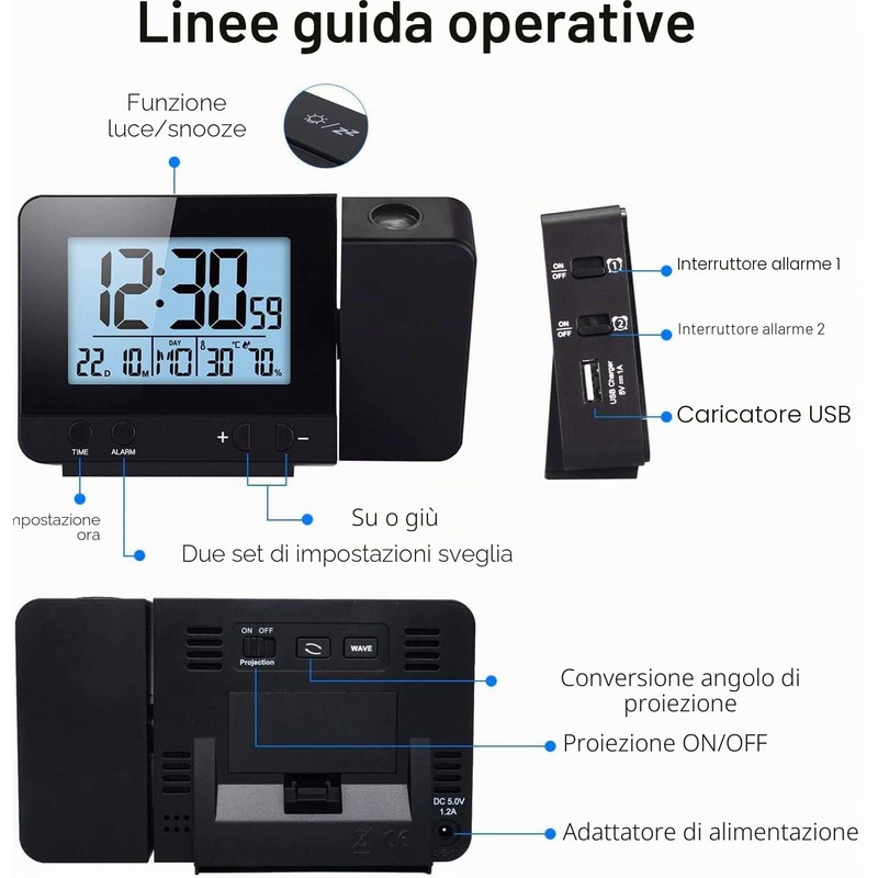 Houkiper Sveglia con Proiettore, Sveglia Digitale Da Comodino a Pile