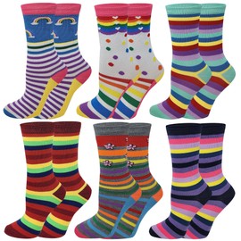 Differenttouch 6 Pairs Women Colorful Fancy Design Soft & Stretchy Novelty Crew Socks (Bright Stripes)