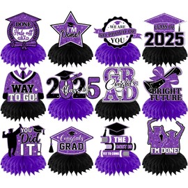 Purple Graduation Decorations Class Of 2025 Honeycomb Centerpiece,12pcs Purple and Black Graduation Table Decorations Congrats Graduation Centerpieces for Tables