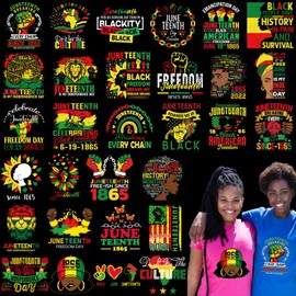 Resurhang 30 Sheets Juneteenth Iron on Decals Black History Month Vinyl Heat Transfer Stickers Black History Iron on Patches Appliques for Clothes T Shirts Pillow DIY Crafts