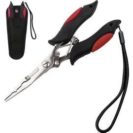 Fishing Pliers Long Nose Stainless Steel Fish Hook Remover Braid Cutters Split Ring Fish Pliers with Lanyard Fish Holder Ice Fly Fishing Gear Freshwater Saltwater Fishermen Gift (Red)