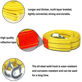 4M 5T Tow Rope For Cars, Heavy Duty Vehicle Emergency Tow Strap Equipment Cable Winch Rope with Reflective Strips, Safety Anti-Slip Hooks, Storage Bag