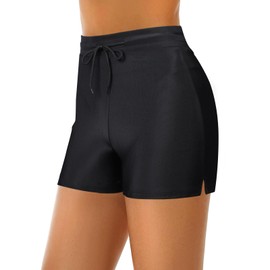 Runmeihe Women's Swim Shorts with Adjustable Drawstring, Quick Dry Ladies Swim Trunks, Swimming Costume Bottoms for Surfing Cycling Running Workouts (UK, Numeric, 6, 8, Regular, Regular, Black)