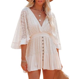 Women's Lace Crochet Romper Dress V Neck Crochet Ruffle Buttons Batwing Sleeve Mini Dresses with Built-in Shorts (A-White, M)