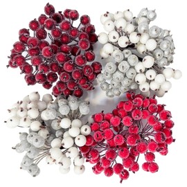 Joakaui 320 Pcs 4 Colors Christmas Holly Berries, Mini Christmas Frosted Berry Artificial Holly Berries for Wreath Garland Making Flower Decor for Christmas Tree Table Decoration