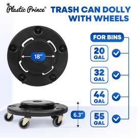 PLASTIC PRINCE Trash Can Dolly with Wheels, Black Garbage Roller Base, Transports 20, 32, 44 and 55 gal Brute Containers, 18 Inches