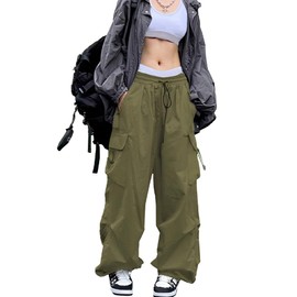 FENGQIYUNHAI Cargo Pants Women Baggy Parachute Pants Woman Mutil Pockets Loose Fit Y2K Casual Pants for Women ArmyGreen
