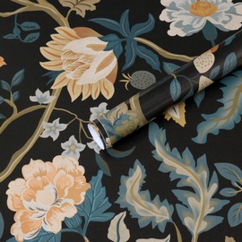 Toduso Peel and Stick Wallpaper Vintage Wall Paper Floral Black Contact Paper Renter Friendly Wallpaper Waterproof Removable Self Adhesive Wallpaper for Bathroom Bedroom Vinyl 17.3''x118.1''