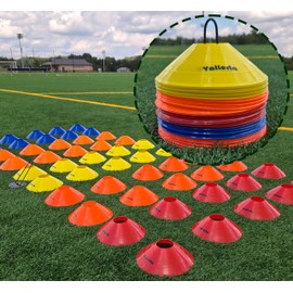 Vallerta Pro Disc Cones Set of 50 - Agility Training Cones with Carry Holder – Sports Practice Equipment for Soccer, Football, Basketball, Coaching, and Kids