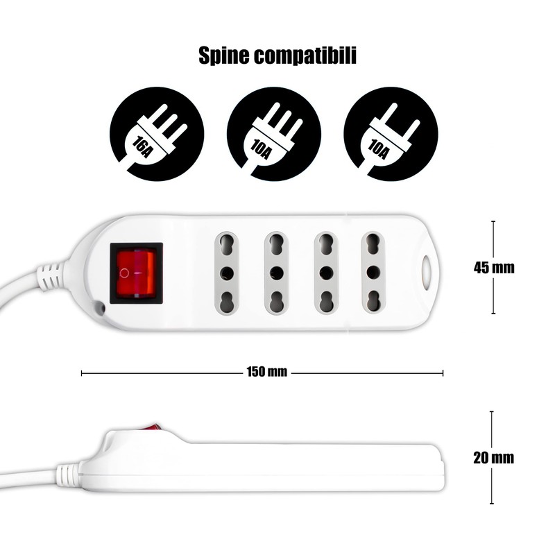 V-TAC Power Strip with Switch and Cable of 1.5 Metres,