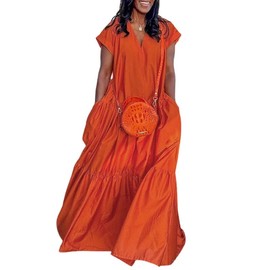 UOOZEE Women's Summer Short Sleeve V Neck Tiered Maxi Dress Flowy Loose Fit 2025 Boho Beach Dress with Pockets, Orange, XXL