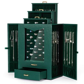Homde Jewelry Organizer with Transparent Window Necklace Hooks Gift for Women Jewelry Box Display Case for Necklaces Rings Earrings Bracelets and Other Jewelry Accessories (Forest Green)