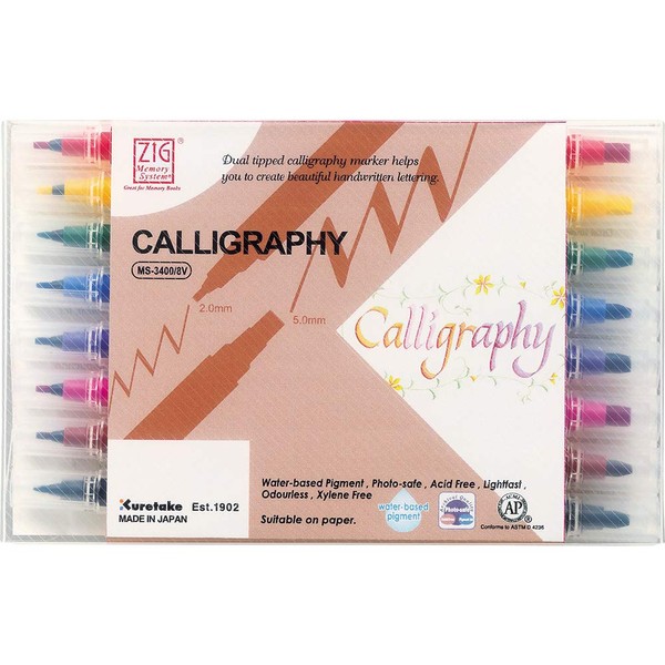 Kuretake ZIG Calligraphy Marker Pens, 8 Color set, 5mm & 2mm Dual Tip Markers, AP-Certified, Photo-Safe, Acid Free, Lightfast, Odourless, For Beginners, Made in Japan (Water-based pigment ink)