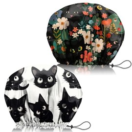 Zewurtuw Zewurtuw 2 PCS Shower Cap Adjustable Reusable Double Waterproof Layer Elastic Hair Bath Cap Cute Aesthetic for Women Girls-Cats