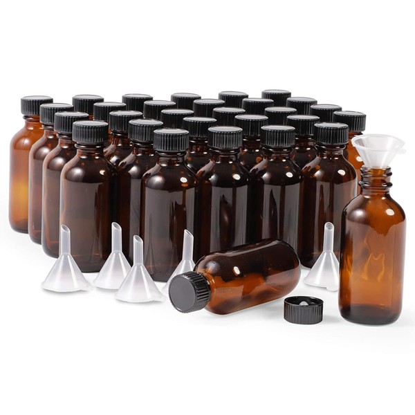 Juvale Round Amber Boston Bottles with Black Poly Cone Cap (2 oz, 30 Pack)
