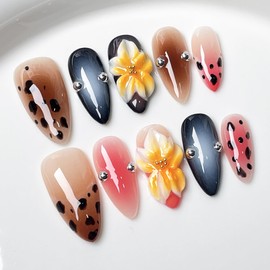 [GLORS] 3D Flower Press-on Nails, Almond Shape, Animal Print and Pink Ombre Design with Rhinestones, 10 Pieces (S,MB)