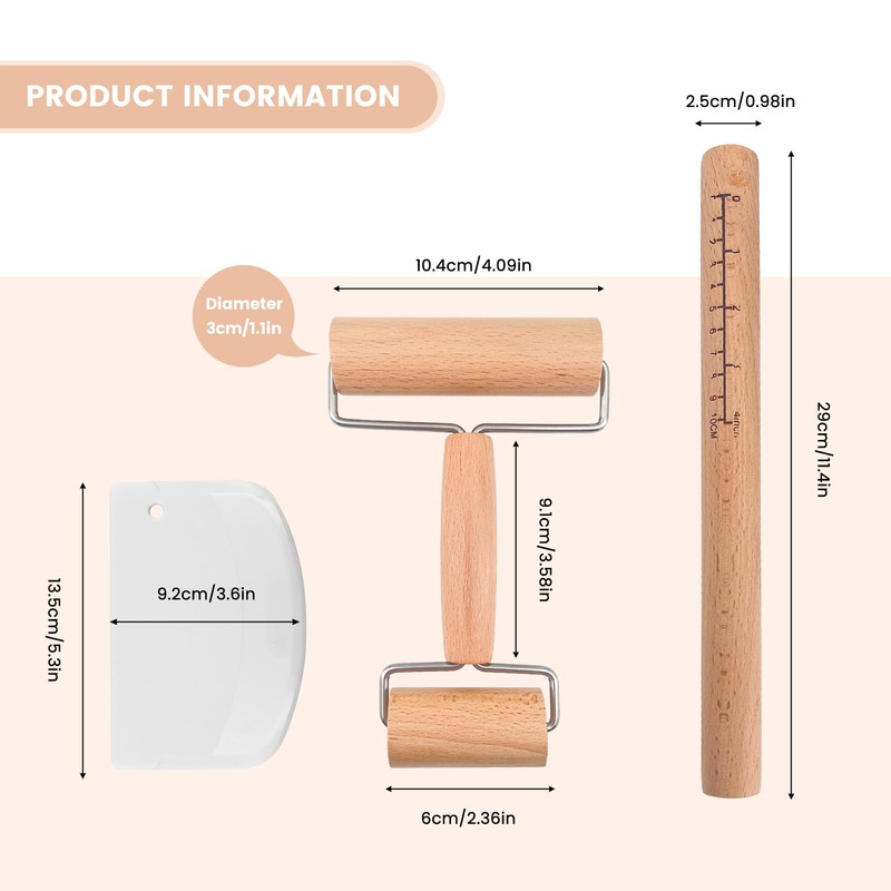 Rolling Pin Set, 2-Piece Set of Rolling Pin Wood +