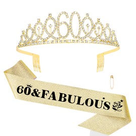 Norbiariz 60th Birthday Crown and Sash Set for Women, Gold 60th Birthday Party Decorations Gifts Crystal Birthday Tiara