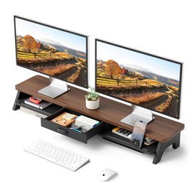 AFOOYO Dual Monitor Stand Riser,LED 2-Tier 39.3 Inch Computer Monitor Stand for 2 Monitors,Office Desktop Organizer with Storage Drawer and Phone Holder for Laptop,PC,Computer,Printer,Walnut Finish