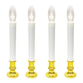 Battery Operated LED Window Candles with Timer (6 on/18 Off), Christmas Window Candles Lights with C26 Clear LED Bulbs for Mantel, Dining Table, Christmas, Home Decor, Gold Base-4 Pack