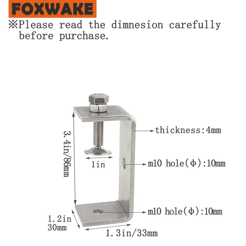 Foxwake Stainless Steel C Clamps 3.2In for Mounting, Heavy Duty