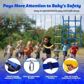 FAHKNS Ninja Warrior Obstacle Course for Kids, 65 FT Durable Slackline with 11 Obstacles-Swings, Monkey Bars, Arm Trainers and More, Weatherproof Outdoor Obstacle Course for Backyard,3+ Years Old