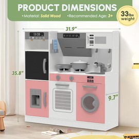 BIERUM Play Kitchen for Kids, Wooden Kids Kitchen Playset with Plenty of Play Features, Toy Kitchen Set with Real Lights & Sounds, Trendy Home Style Play Kitchen for Boys and Girls Ages 3+