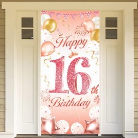 DPKOW Rose Gold 16th Birthday Party Decoration for Girl, Rose Gold 16th Birthday Banner for Backdrop Door Decoration, Fabric 16th Birthday Background Banner for Garden Table Wall Decoration, 185x90cm