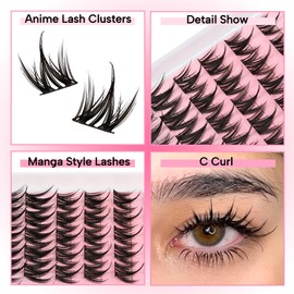 Fyonas Lash Clusters Kit Manga Eyelash Clusters Spiky Lash Extension Kit 80Pcs Natural Cluster Eyelash Extensions with Waterproof Lash Bond and Seal Lash Glue and Tweezers DIY at Home (Cutey Kit-A)