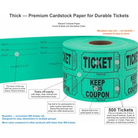 Tacticai 500 Raffle Tickets, Green (8 Color Selection), Double Roll, Ticket for Events, Entry, Class Reward, Fundraiser & Prizes