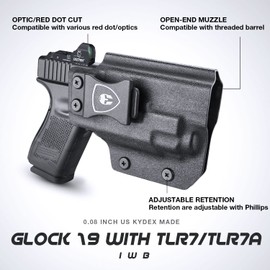 Glock 17/19 TLR 7/TLR7A Holster, IWB Kydex Holster Optic Cut Fit: Glock 17/19/44/45 (GEN 1-5)&G23/32 (Gen 3-4) TLR-7/TLR-7A, Inside Waistband Conceal Carry, Adj. Can & Posi-Click Retention, Right Hand