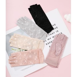 XFONZYUN Women's Gloves, Lace, Fingerless, UV Protection, Sunscreen, Anti-Slip, Half Fingering, Cooling Sensation, Smartphone Compatible, UV Protection, Driving, Bicycle, Commuting, Thin, gray