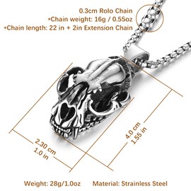 HZMAN Men's Punk Pendant Necklace, Gothic Stainless Steel Openable Sabertooth Tiger Skull Jewelry (Silver)