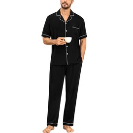 SWOMOG Men Pajamas Set Two Pieces Short Sleeve Sleepwear Button Down Loungewear Set Soft Modal Pj Set with Pockets Black Small