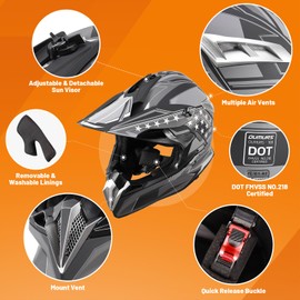 OUMURS DOT Adult Dirt Bike Helmet with Goggles Gloves & Mask Adjustable Sun Visor Motorcycle Adult ATV Helmet Off-Road Motocross Downhill Moped MX BMX for Unisex Adult-188-Black Star, M