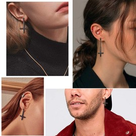 Mens Inverted Cross Earrings Asymmetric Upside Down Cross Dangle Earrings Black Gun Plated Over 925 Sterling Silver Earrings Gothic Cross Earrings for Men Cross Jewelry Gift for Christmas Day FE0076K