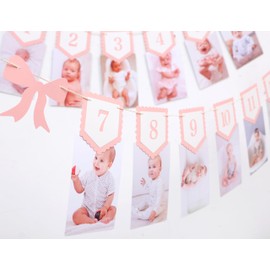 Pink Bow Monthly Milestones Photo Banner - Baby Girls Newborn to 12 Months Photo Display, 1st Birthday Photo Banner for Baby Girls, Bow 1st Birthday Decorations