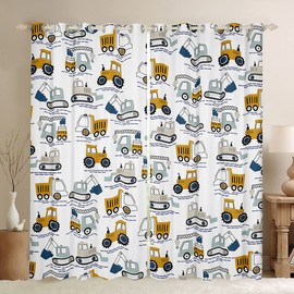 Equipment Trucks Curtains for Bedroom Construction Blackout Curtains Cartoon Car Excavator Tractor Darkening Dreapes Cute Construction Vehicles White Yellow Window Treatments (2 Panels, 42 x 63 Inch)