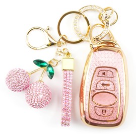 Rayslesan Sparkly Key Fob Cover with Cherry Keychain, Bling TPU Smart Key Case for Women, Compatible with Subaru Ascent Forester WRX Crosstrek Impreza Outback Legacy STI BRZ (4-Button, Gold Pink)