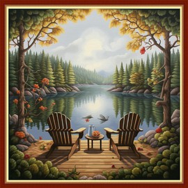 Foxhool Beginners Cross Stitch Kits Stamped Full Range of Embroidery Kits for Adults DIY Cross Stitches kit Embroidery Patterns for Needlepoint kit-Rest Scenery 17.7x17.7 inch