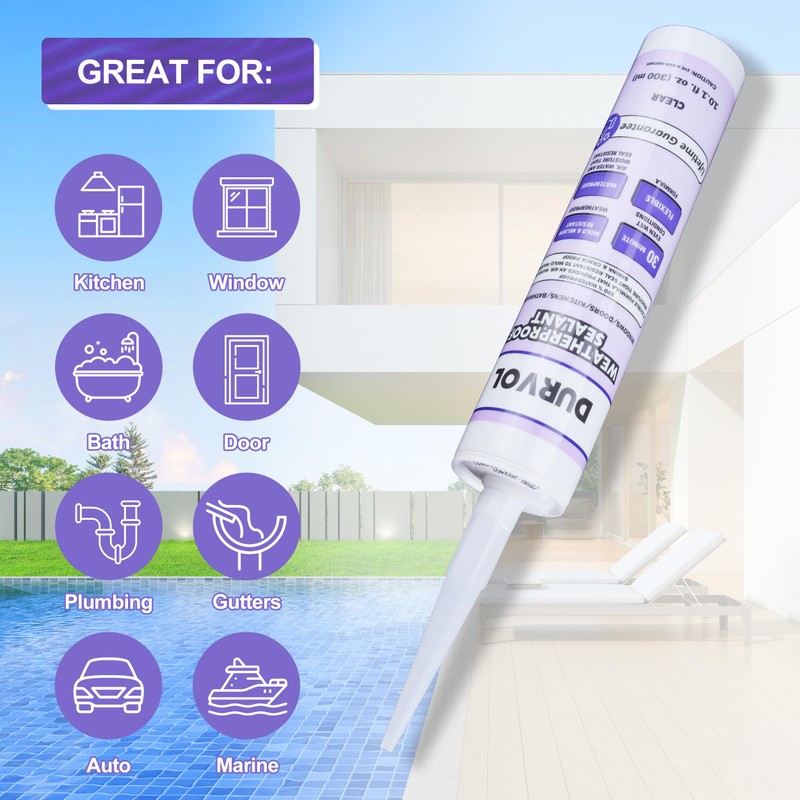 Durvol All-Weather Sealant Waterproof Caulking Seal 2-Pack Clear, Caulking Sealant