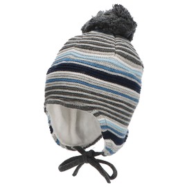 Sterntaler Baby Boys Hat Baby GOTS Bobble Hat Striped Hat - Baby Hat - Cotton with Ear Flaps and Tie - Navy, Anthracite mottled, 49