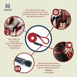 HOOZA: Magnetic Quick Clip: Rope Leash - Red, Small - 5/8" x 5', Dog Outdoor Accessory, Pet Safety-Walking-Training-Control, Loop Handle, Heavy Duty