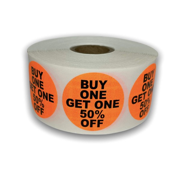 Orange 1.5" Round BOGO Get One Fifty Percent Off Pricing Discount Stickers (1000 Labels Per Roll / 1 Roll)
