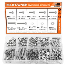 HELIFOUNER 240 Pieces M5 x 6mm /8mm /10mm /12mm /16mm /20mm /25mm, Button Head Socket Cap Screws Bolts Washers Nuts Kit, 304 Stainless Steel