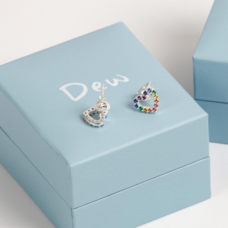 Dew Sterling Silver and Multi Nano Gems Open Heart Stud