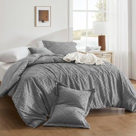 Downluxe Boho Duvet Cover - Embroidery Shabby Chic King Duvet Cover Set for All Seasons, 3 Pieces Tufted Boho Bedding, Comforter Cover with Zipper (Grey 03, 104" x 90")