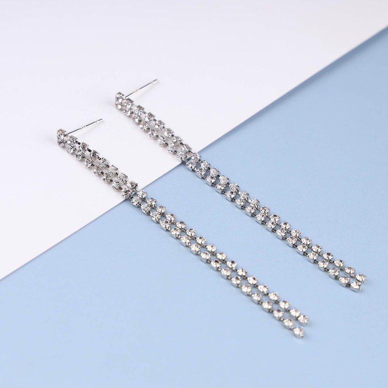 Inilbran Boho Rhinestone Tassel Earrings Silver Long Crystal Chain Earrings