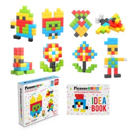 PicassoTiles 60 Pieces 1" Magnetic Toy Building Block Cubes Building Block, 3D Cube Construction Cubes Magnet Sensory Toys Gifts Educational with Free Idea Book for Kid, Baby, Girl & Toddlers PMC60