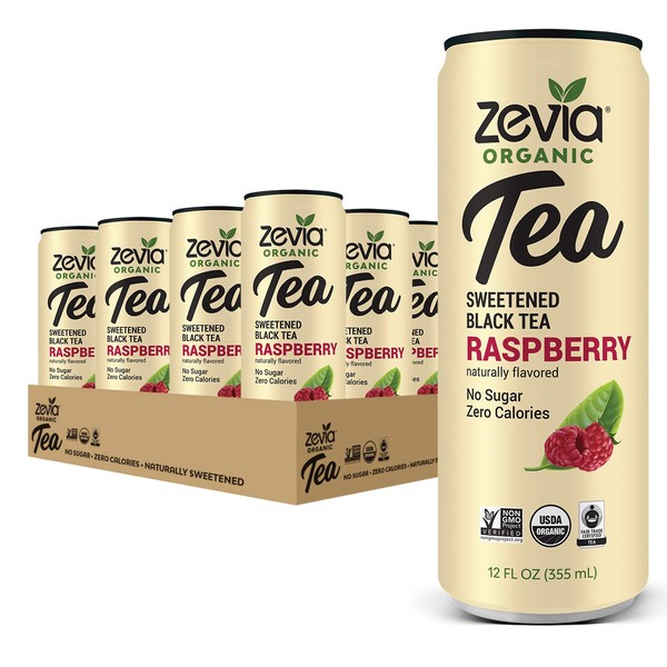 Zevia Organic Black Tea Raspberry, Sugar-Free Brewed Iced Tea Beverage, Naturally Sweetened with Stevia, Zero Calories, No Artificial Sweeteners, 12 Fl Oz, Pack of 12